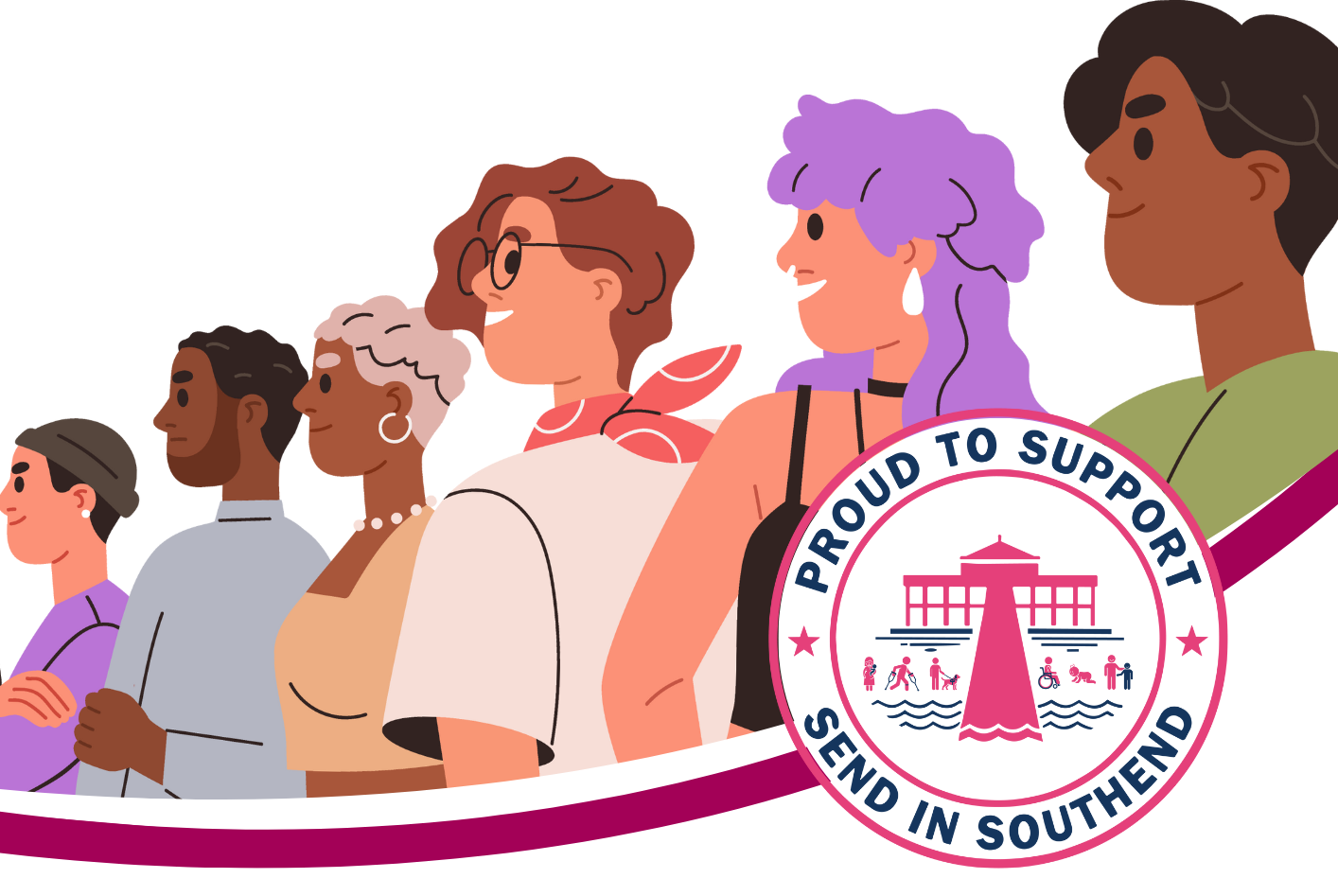 Image features diverse group of people standing in a line next to a circular logo that reads "proud to support SEND in Southend" The logo includes an illustration of a lighthouse structure and various small figures engaged in activities.