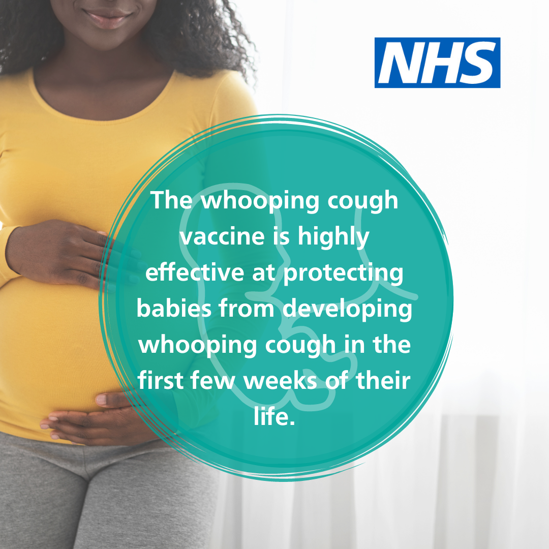 Pregnant woman wearing a yellow top holding her stomach. Text reads The Whooping Cough vaccine is highly effective at protecting babies from developing whooping cough in the first few weeks of their life
