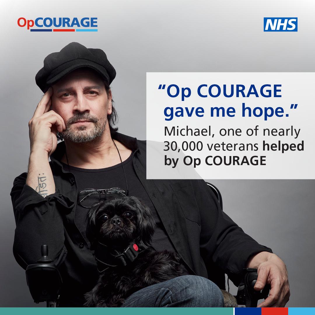 Veteran Michael sitting in a chair looking at the camera with a dog on his lap. Text reads Op Courage gave me hope