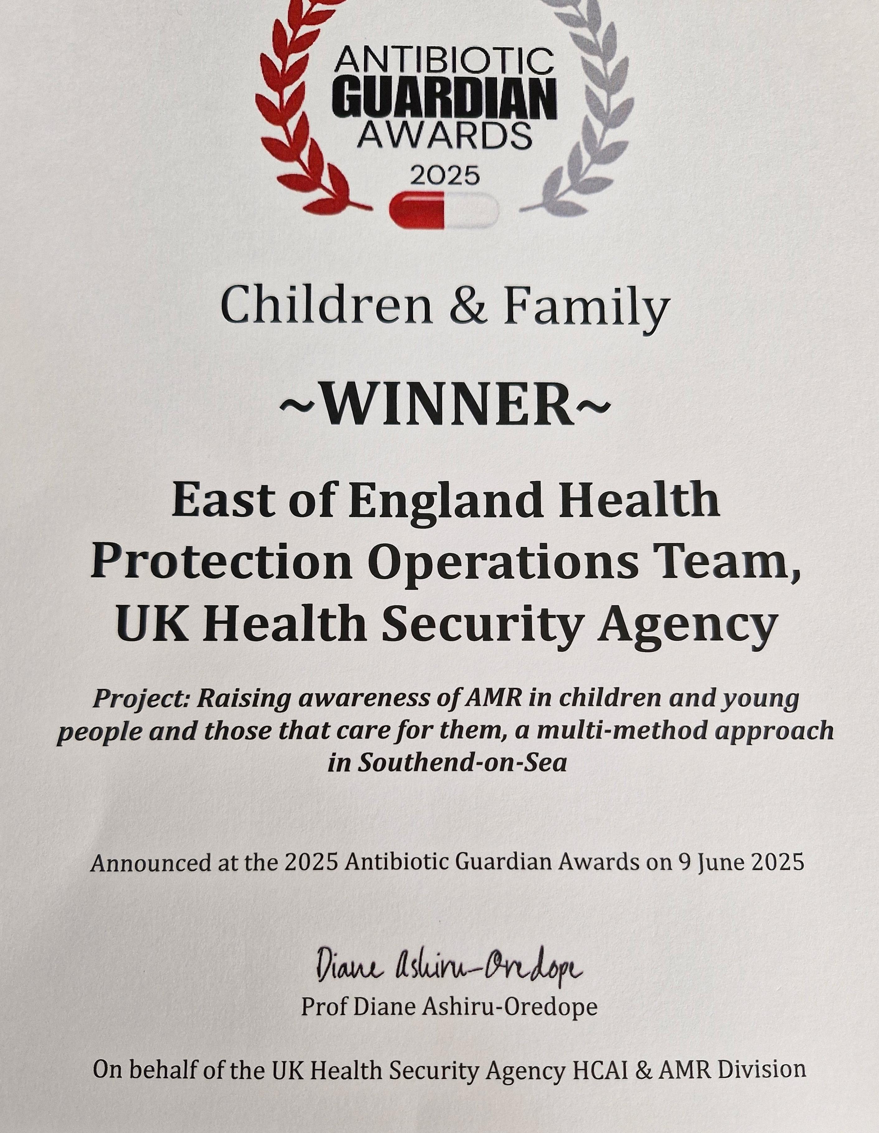 Award certificate from the Antibiotic Guardian Shared Learning Awards.