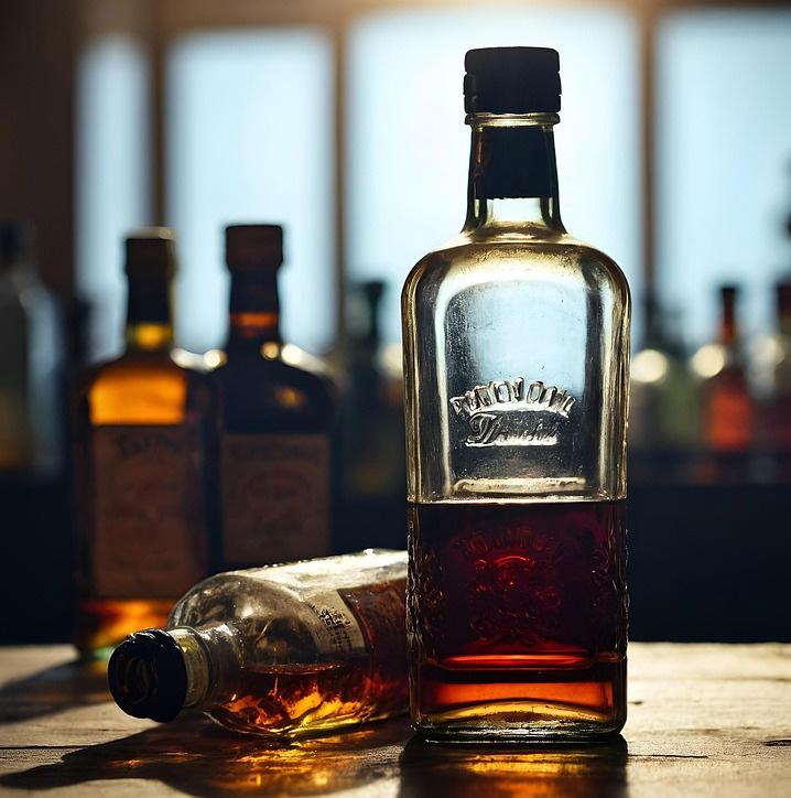 Alcohol spirit glass bottles, one is lying flat and the other upright. They appear to contain whisky.