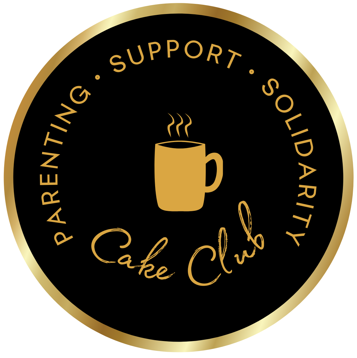 Cake Club logo. Contains gold text and an image of a coffee cup on a black background. The logo is circular.