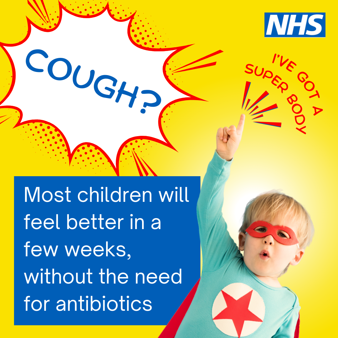 A colorful NHS poster with a comic-style design. A speech bubble says COUGH? and a child dressed as a superhero points upward with the caption I’VE GOT A SUPER BODY.