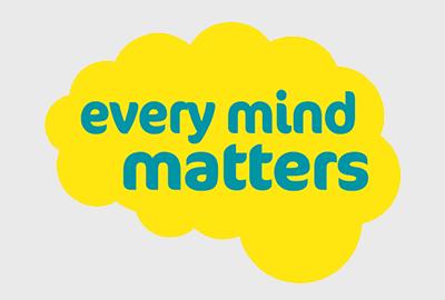 Every Mind Matters in green lower case text on a yellow thought bubble background