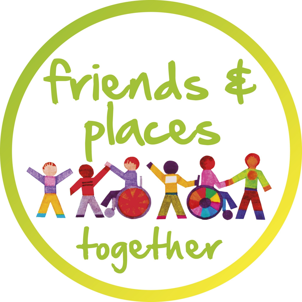 Friends and Places Together logo showing the words friends and places together in green alongside a drawing of a group of happy people