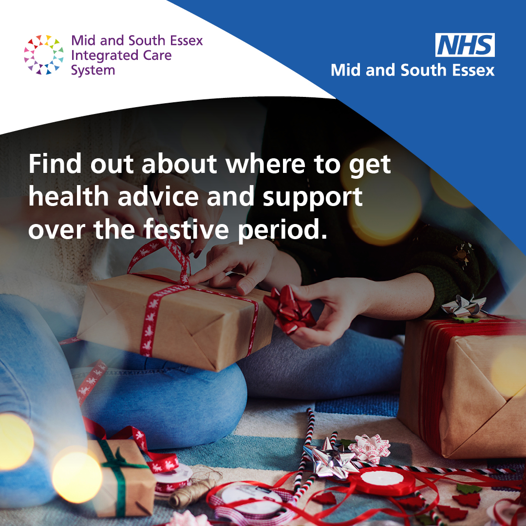 Christmas-themed graphic with red wrapping paper background and text about staying healthy during the holidays, including Pharmacy First, NHS 111, mental health support, and emergency contacts.
