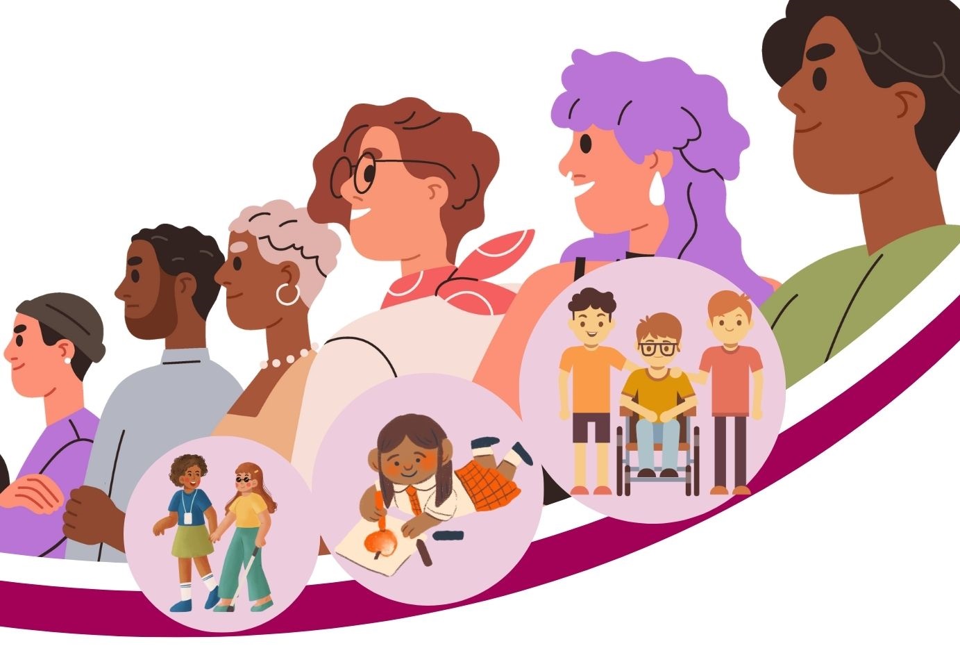 A colourful graphics of a line of people of various ethnicities. There are three bubbles representing children with SEND.