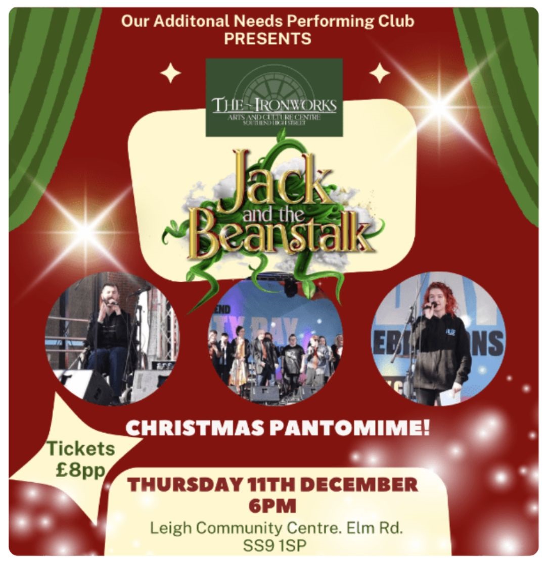 A graphic promoting the Jack and the Beanstalk performance. It contains details of the sessions on a read background and green curtains on each side. It only includes 3 photos of people performing