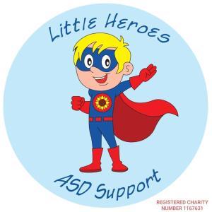 Cartoon of blonde boy in superhero outfit with the text 'Little Heroes ASD Support'
