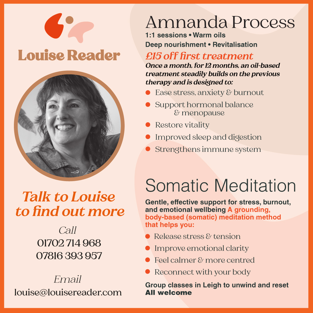 Flyer promoting wellness services. Features Amnanda Process: monthly oil-based therapy to ease stress, support hormonal balance, restore vitality, improve sleep, and boost immunity. Also offers Somatic Meditation to release tension, improve clarity.