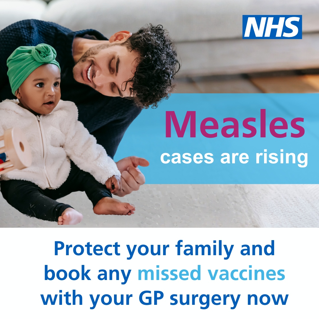 An adult sits with a young child as an NHS message warns that measles cases are rising and advises families to book any missed vaccines with their GP.