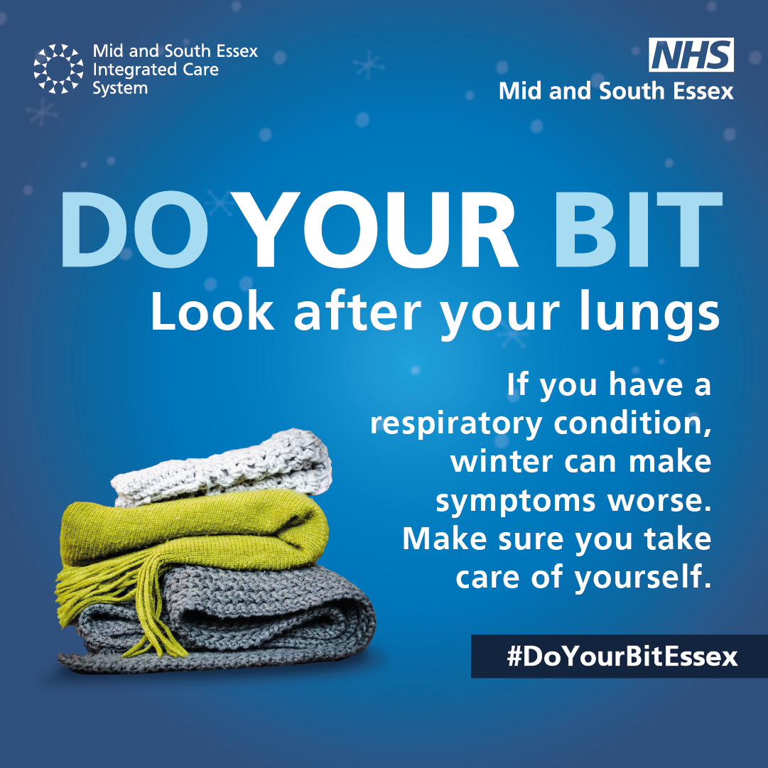 Do your bit look after your lungs. Pile of scarves on a blue background with the NHS logo in the top right hand corner