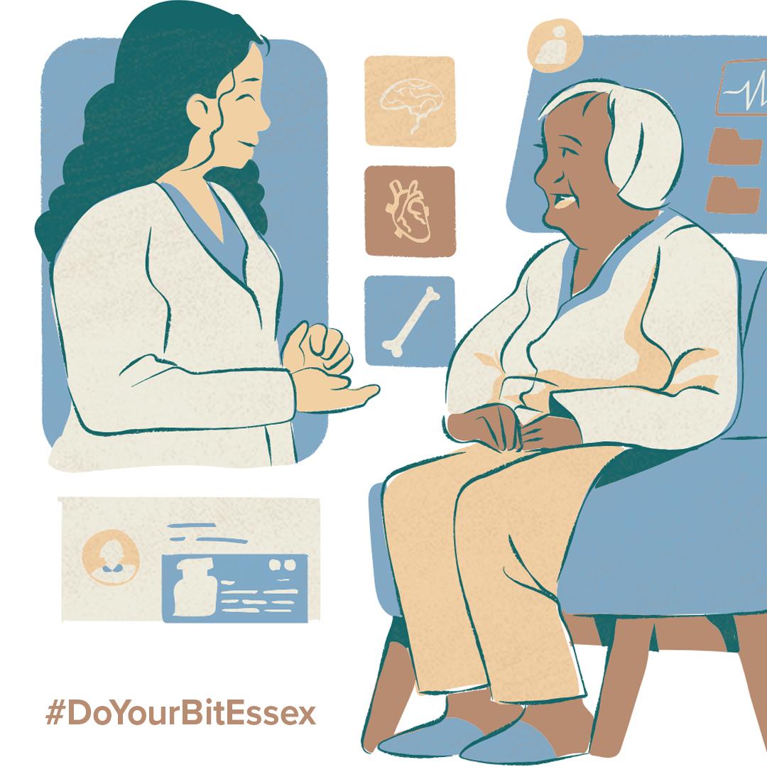 illustration of an elderly lady sitting in an arm chair talking to a health professional.
