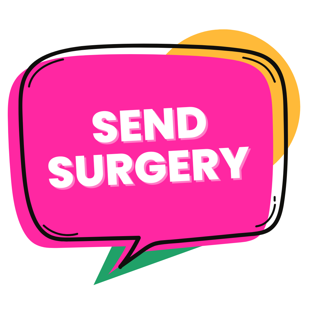 SEND Surgery logo. A pink speech bubble with the text SEND Surgery in white in the middle.