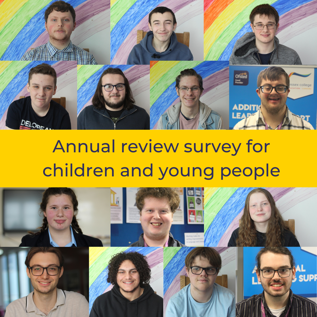 Collage of people who appear in the EHCP annual review survey video. The text Annual review survey for children and young people is in the centre of the picture, in blue writing on a yellow background