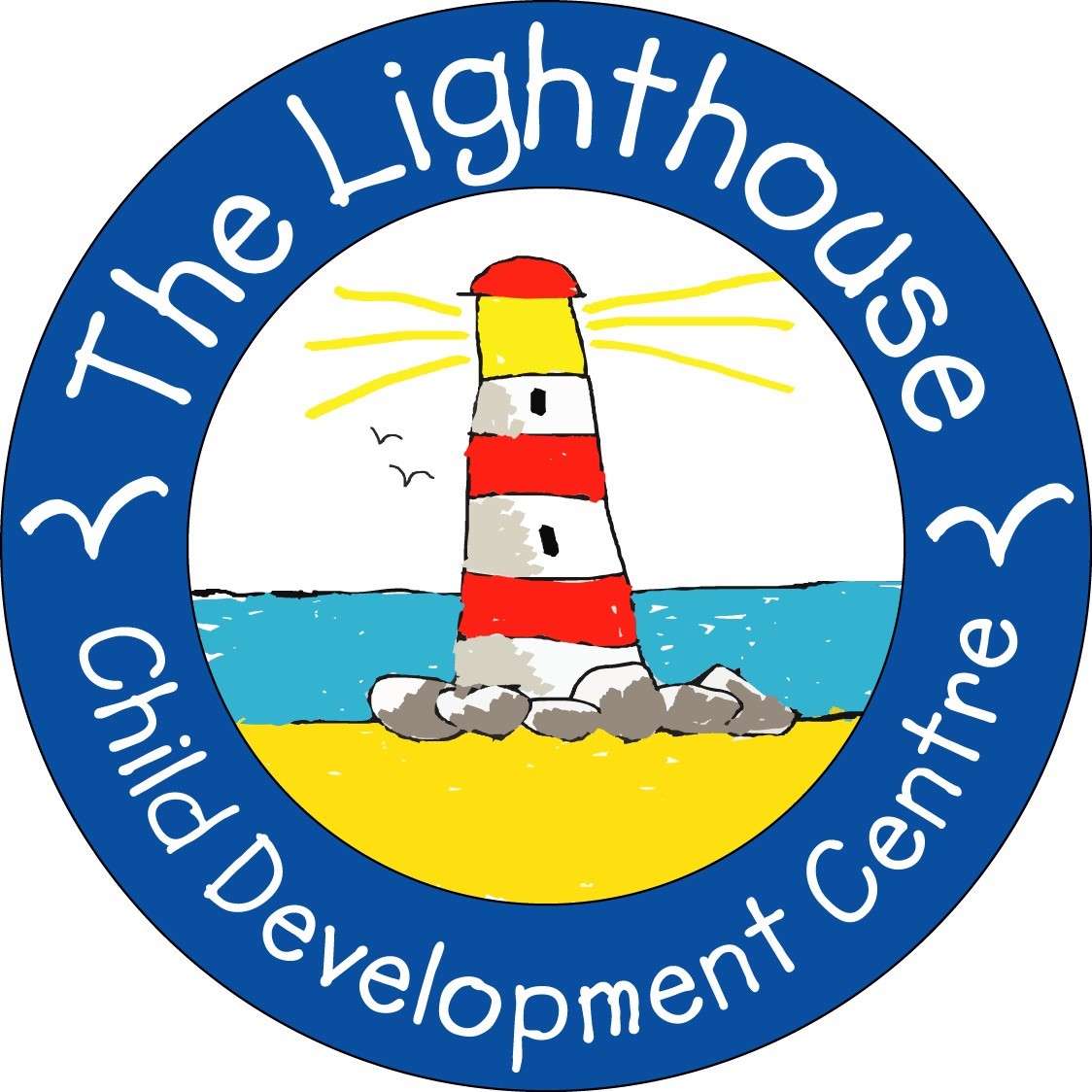 a drawn image of a Lighthouse within a blue circle