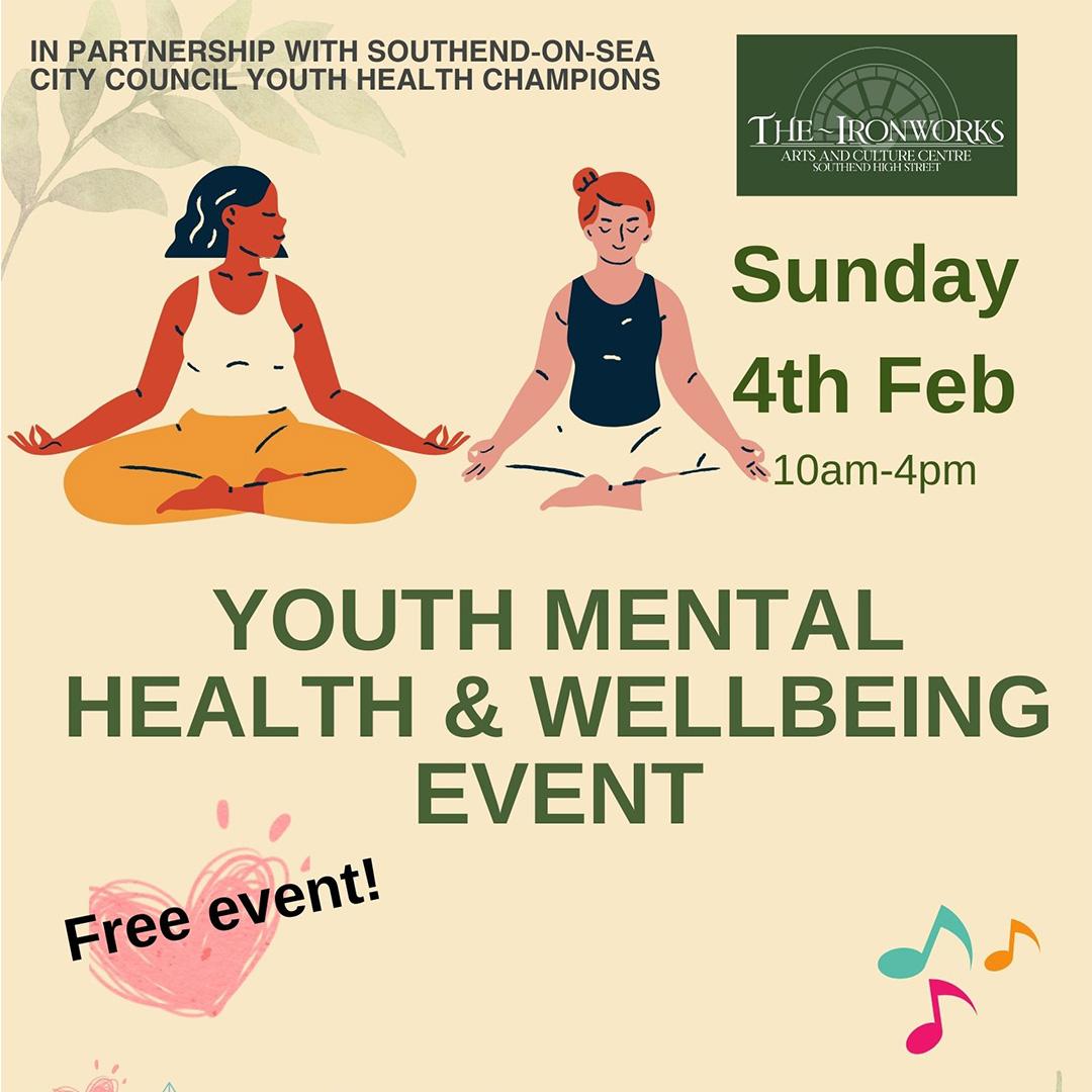Youth Mental Health and Wellbeing event - clip art showing two people meditating. The Ironworks logo is in the top right hand corner.