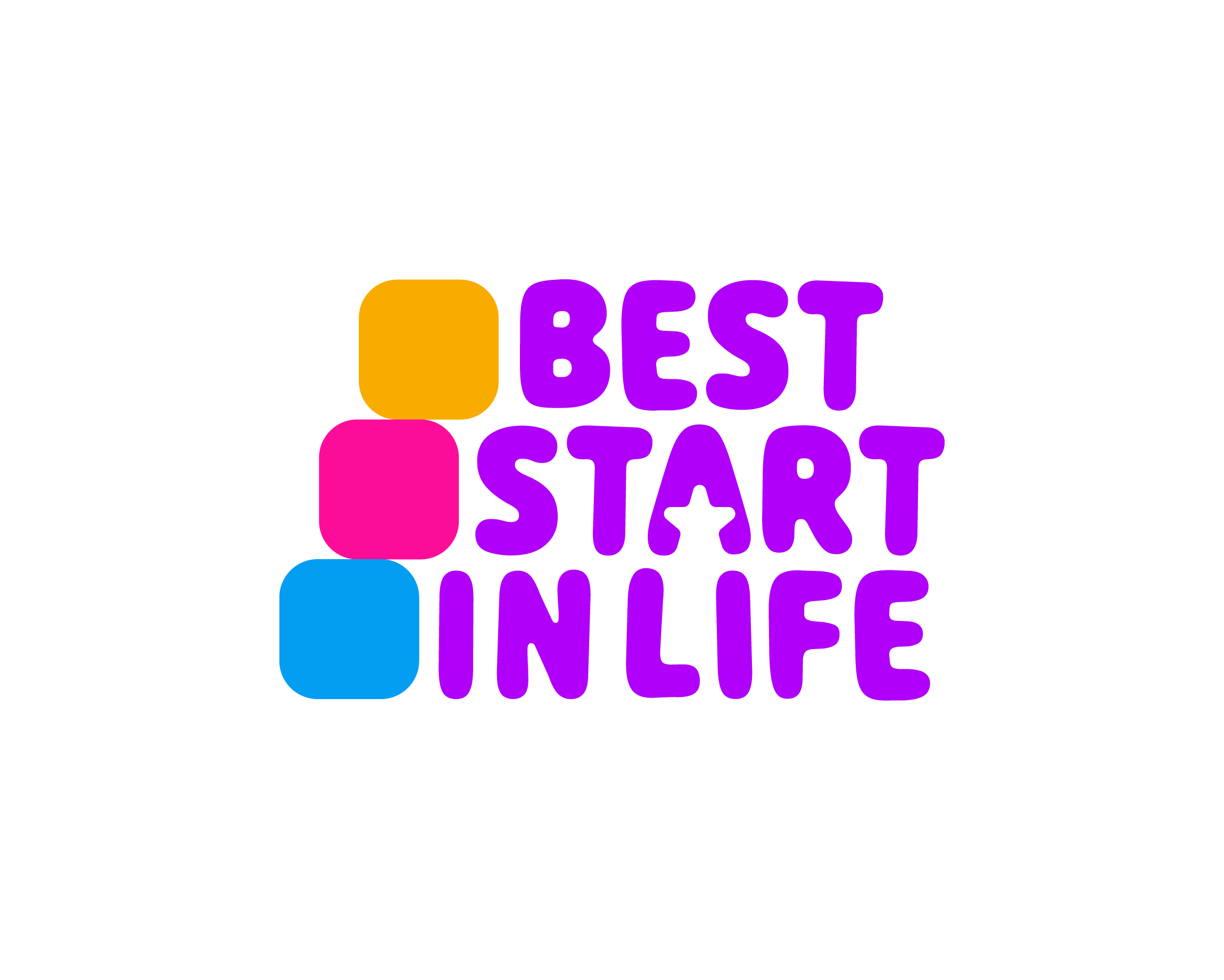 Best Start in Life logo. Image with purple font and 3 squares - orange, pink and blue