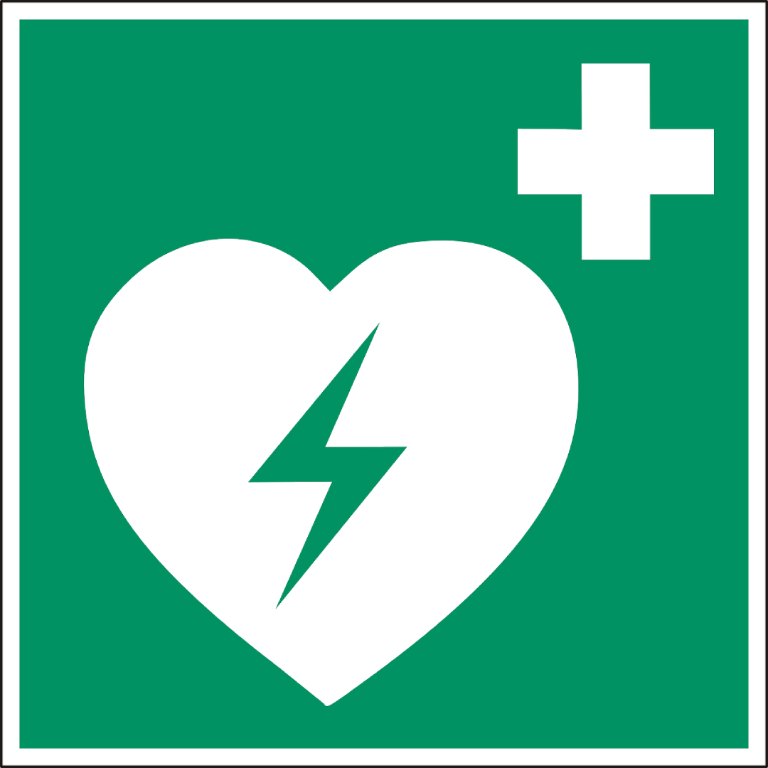 The icon for a defibrillator, showing a white heart symbol with a green electricity bolt through it and a white medical cross on a green background