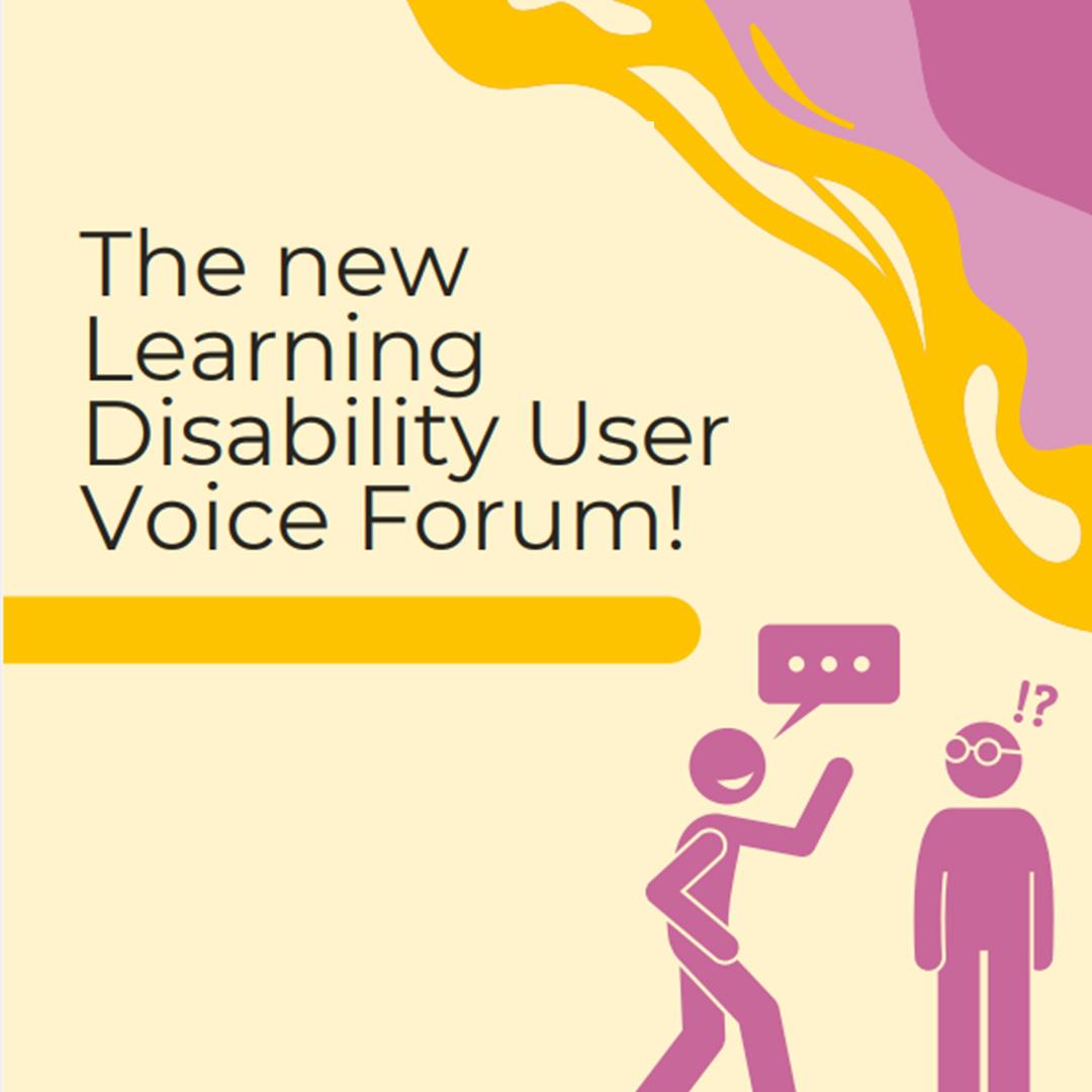 The new learning disability user voice forum text with stick illustrations of two people talking in mauve on a light peach coloured background
