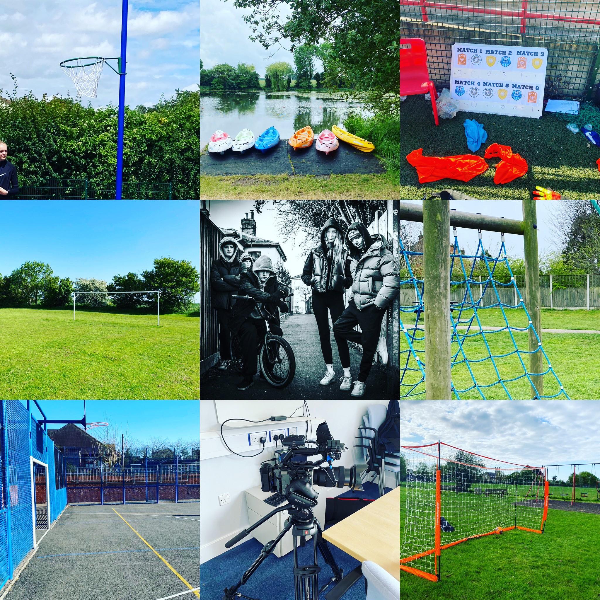 Collage showing various youth activities, including football goals, kayaks, basketball hoops and obstacle courses. In the centre is a group of teenagers in black and white, staring threateningly at the camera