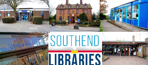 collage of photographs of 5 southend libraries with a text box in the middle saying southend Libraries