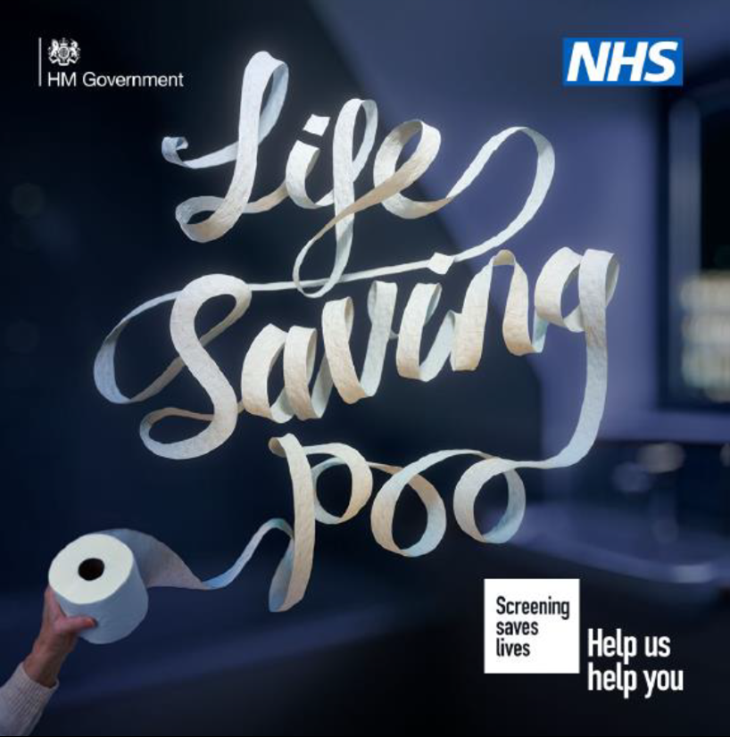 Toilet paper spells out life saving poo in a joined up handwriting style. The NHS logo is in the top right hand corner.