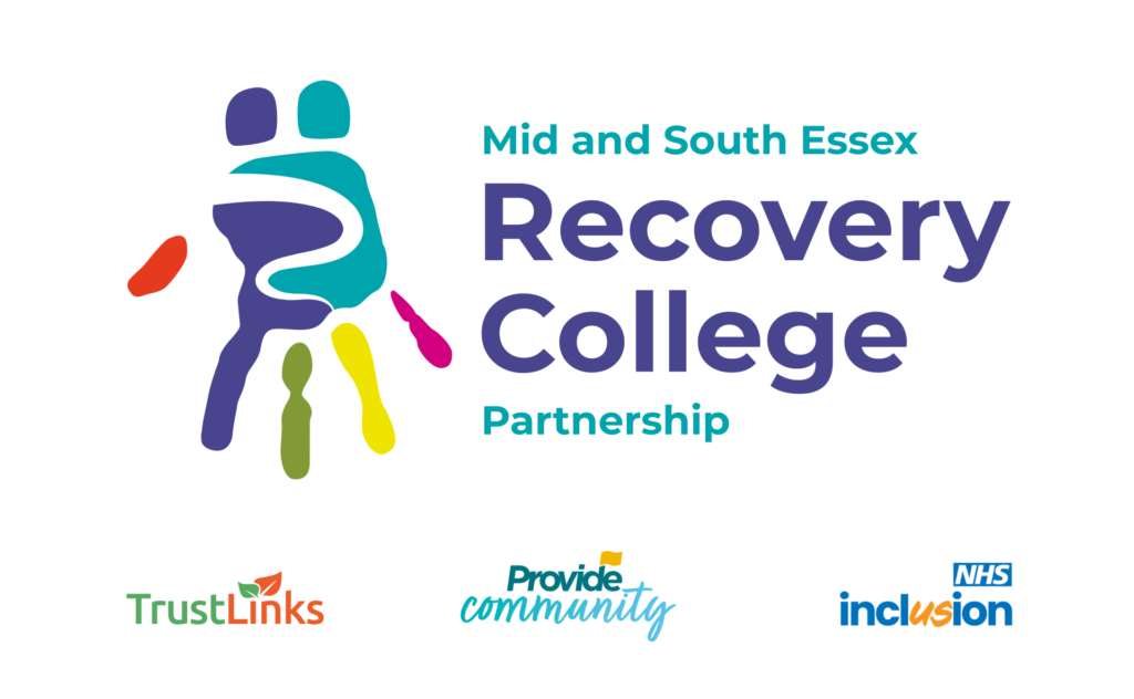 Logo for mid and south essex recovery college partnership featuring a hand print in different colours on a white background with the partnership title next to the hand. Underneath are the logos of Trustlinks, Provide Community and NHS Inclusion