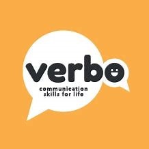 Verbo logo. a white speech bubble sits on an orange background. in black font are the words Verbo - communication skills for life